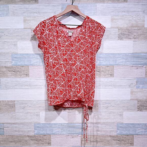 Lucky Brand Marny Mosaic Tile Top Orange White Tie Hem V Neck Boho Womens Medium - Picture 2 of 9
